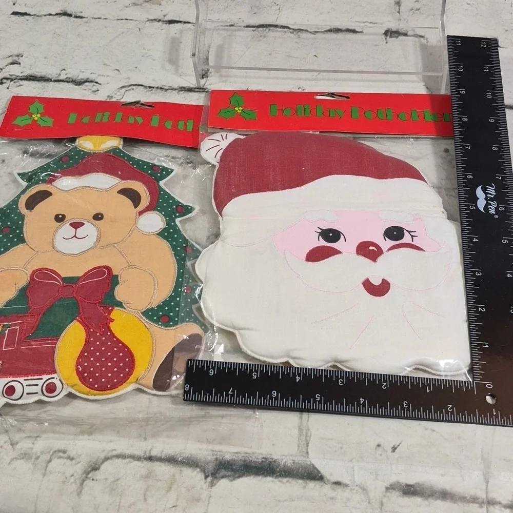 Vintage 70s Holiday Potholders Lot 2 Santa Teddy Bear Cotton Christmas Decor New